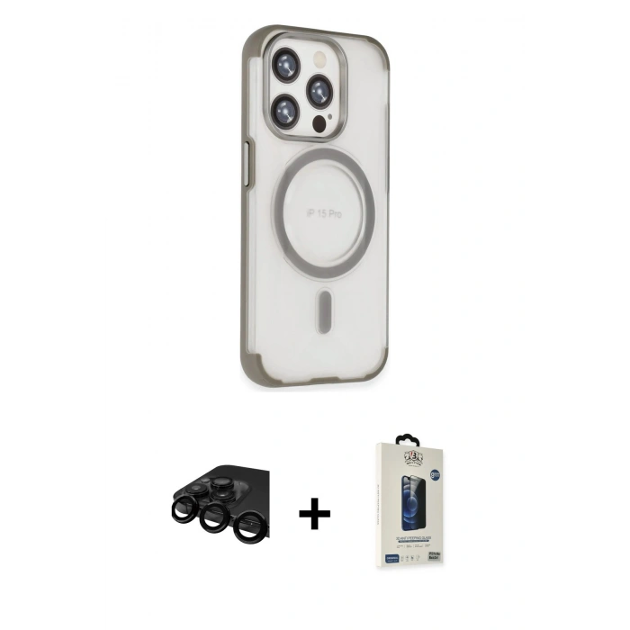 MARSİLYAN™- iPhone 15 Pro Kılıf Eksen Klasik Koleksiyonu - Siyah Bilvis Hayalet Cam Ekran Koruyucu + Raze Metal Kamera Lens - SH