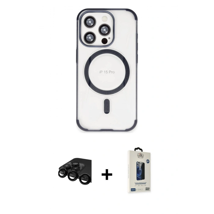 MARSİLYAN™- iPhone 15 Pro Kılıf Eksen Klasik Koleksiyonu - Siyah Bilvis Hayalet Cam Ekran Koruyucu + Raze Metal Kamera Lens - SH
