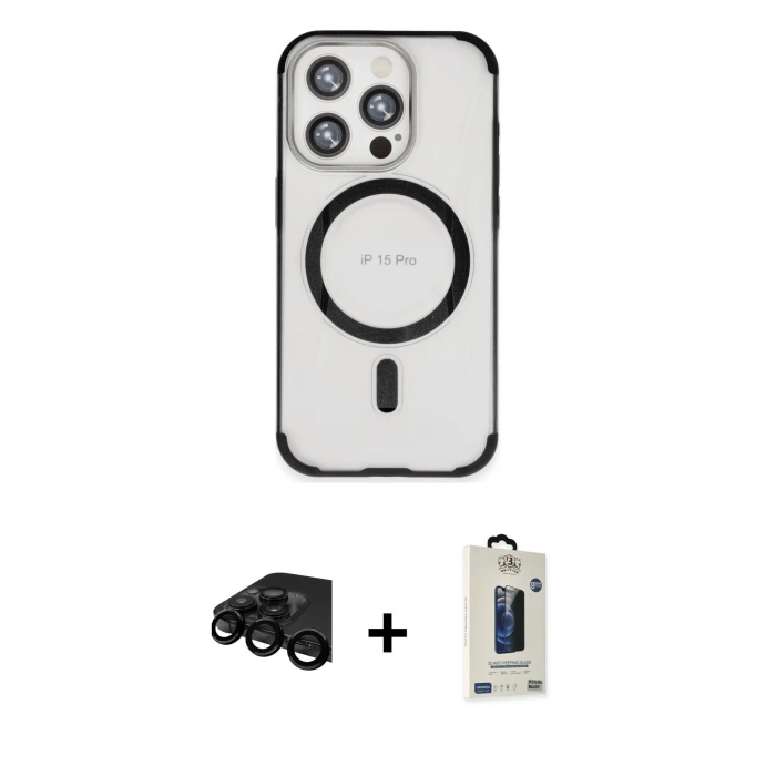 MARSİLYAN™- iPhone 15 Pro Kılıf Eksen Klasik Koleksiyonu - Siyah Bilvis Hayalet Cam Ekran Koruyucu + Raze Metal Kamera Lens - SH