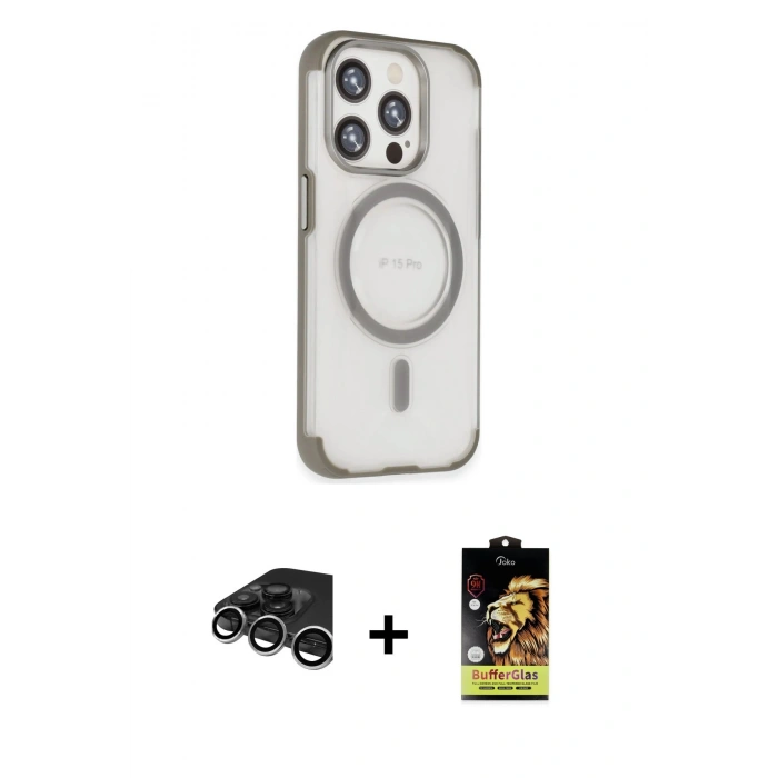 MARSİLYAN™- iPhone 15 Pro Kılıf Eksen Klasik Koleksiyonu - Siyah Buffer Cam Ekran Koruyucu + Raze Metal Kamera Lens - GS