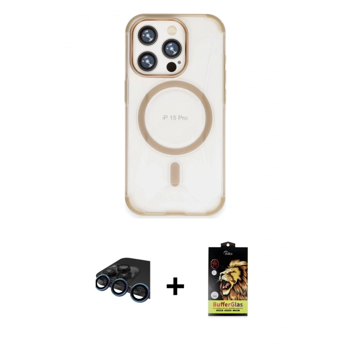 MARSİLYAN™- iPhone 15 Pro Kılıf Eksen Klasik Koleksiyonu - Siyah Buffer Cam Ekran Koruyucu + Raze Metal Kamera Lens - LT
