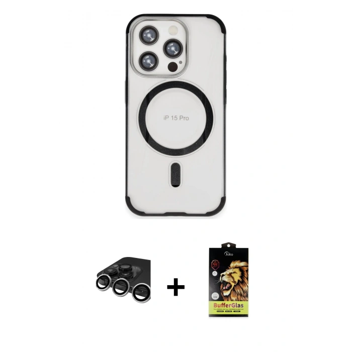 MARSİLYAN™- iPhone 15 Pro Kılıf Eksen Klasik Koleksiyonu - Siyah Buffer Cam Ekran Koruyucu + Raze Metal Kamera Lens - GS