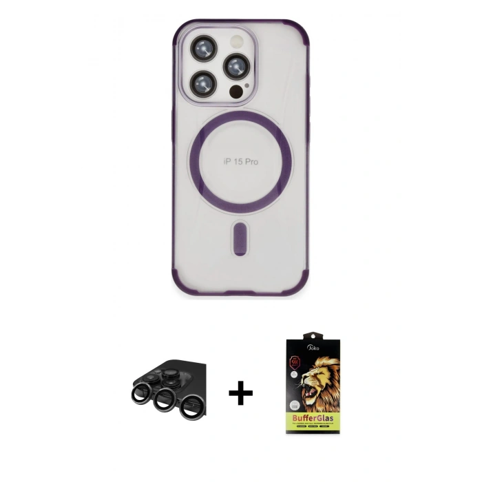 MARSİLYAN™- iPhone 15 Pro Kılıf Eksen Klasik Koleksiyonu - Siyah Buffer Cam Ekran Koruyucu + Raze Metal Kamera Lens - TMGI
