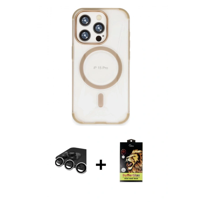 MARSİLYAN™- iPhone 15 Pro Kılıf Eksen Klasik Koleksiyonu - Siyah Buffer Cam Ekran Koruyucu + Raze Metal Kamera Lens - GS