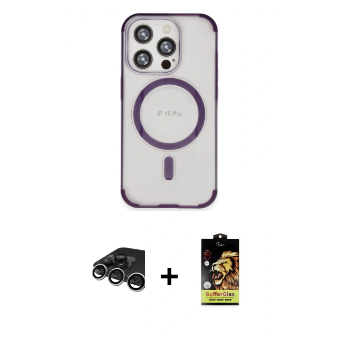MARSİLYAN™- iPhone 15 Pro Kılıf Eksen Klasik Koleksiyonu - Siyah Buffer Cam Ekran Koruyucu + Raze Metal Kamera Lens - GS