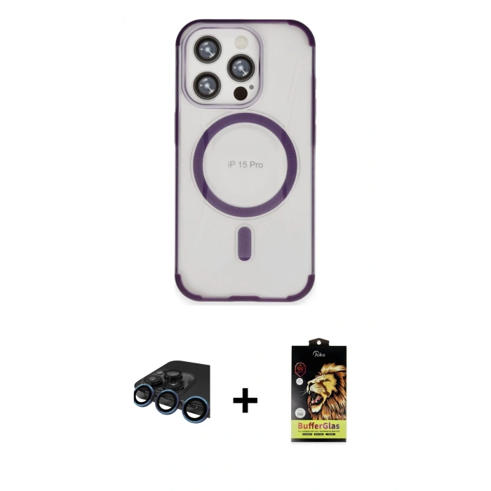 MARSİLYAN™- iPhone 15 Pro Kılıf Eksen Klasik Koleksiyonu - Siyah Buffer Cam Ekran Koruyucu + Raze Metal Kamera Lens - LT