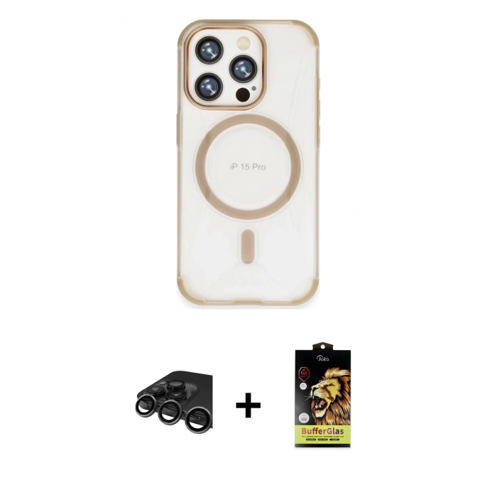 MARSİLYAN™- iPhone 15 Pro Kılıf Eksen Klasik Koleksiyonu - Siyah Buffer Cam Ekran Koruyucu + Raze Metal Kamera Lens - TMGI