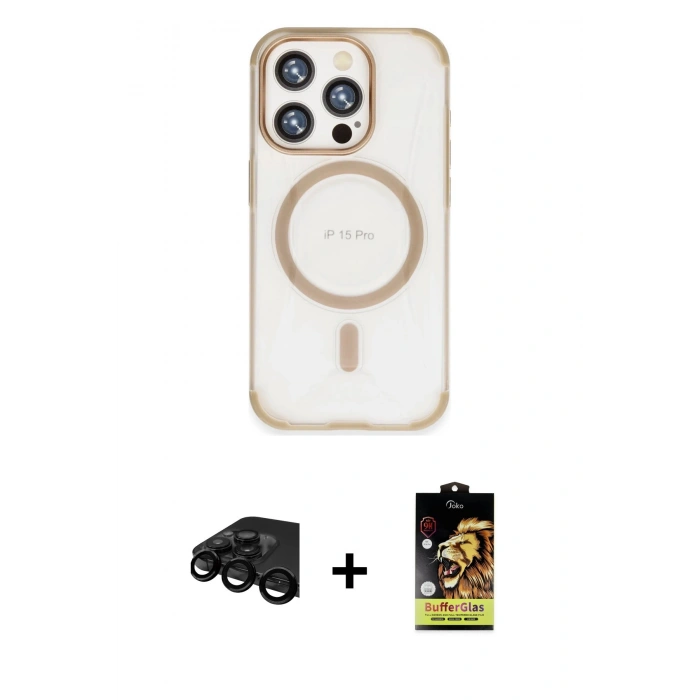 MARSİLYAN™- iPhone 15 Pro Kılıf Eksen Klasik Koleksiyonu - Siyah Buffer Cam Ekran Koruyucu + Raze Metal Kamera Lens - SH