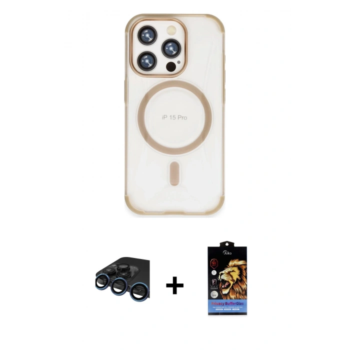 MARSİLYAN™- iPhone 15 Pro Kılıf Eksen Klasik Koleksiyonu - Siyah Buffer Hayalet Cam Ekran Koruyucu + Raze Metal Kamera Lens - LT