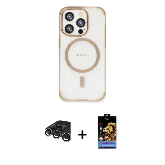 MARSİLYAN™- iPhone 15 Pro Kılıf Eksen Klasik Koleksiyonu - Siyah Buffer Hayalet Cam Ekran Koruyucu + Raze Metal Kamera Lens - GS