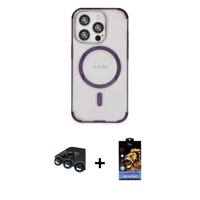 MARSİLYAN™- iPhone 15 Pro Kılıf Eksen Klasik Koleksiyonu - Siyah Buffer Hayalet Cam Ekran Koruyucu + Raze Metal Kamera Lens - LT