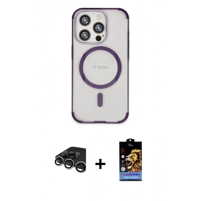 MARSİLYAN™- iPhone 15 Pro Kılıf Eksen Klasik Koleksiyonu - Siyah Buffer Hayalet Cam Ekran Koruyucu + Raze Metal Kamera Lens - GS