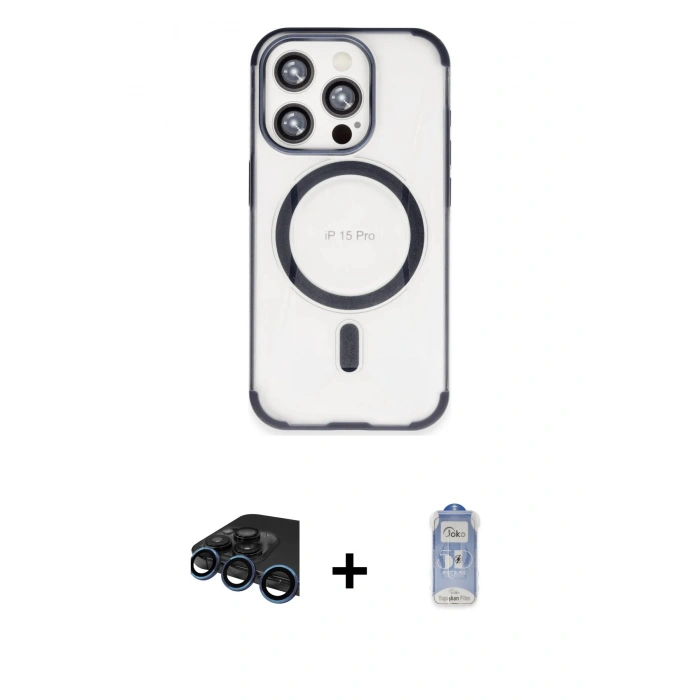 MARSİLYAN™- iPhone 15 Pro Kılıf Eksen Klasik Koleksiyonu - Siyah Joko Magic 5D Cam + Raze Metal Kamera Lens - LT