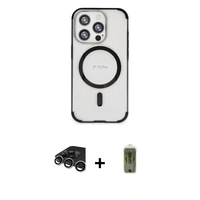 MARSİLYAN™- iPhone 15 Pro Kılıf Eksen Klasik Koleksiyonu - Siyah Joko Magic 5D Hayalet Cam + Raze Metal Kamera Lens - GS