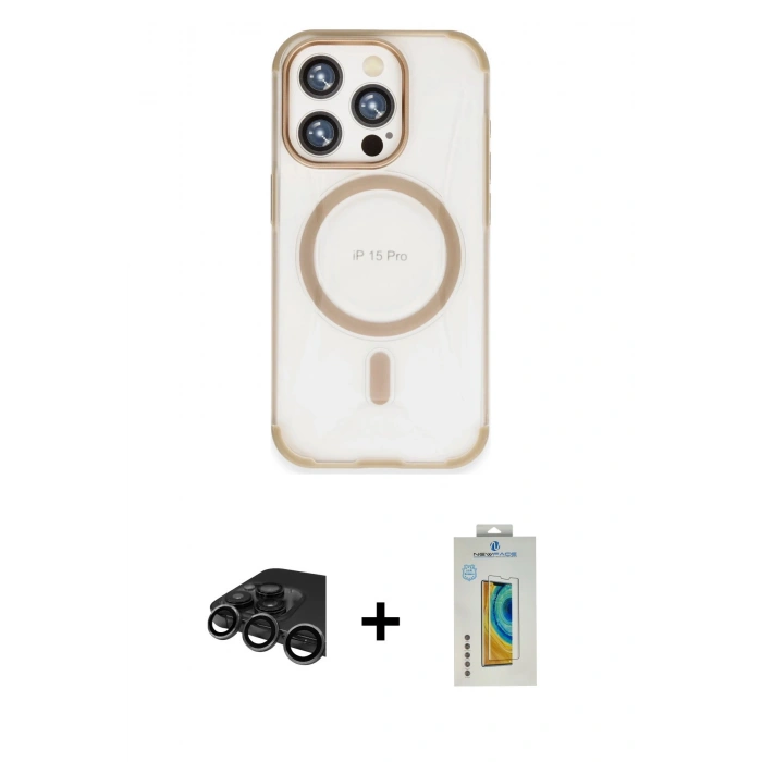 MARSİLYAN™- iPhone 15 Pro Kılıf Eksen Klasik Koleksiyonu - Siyah Polymer Nano Ekran Koruyucu + Titanyum Gri Raze Metal Kamera Lens