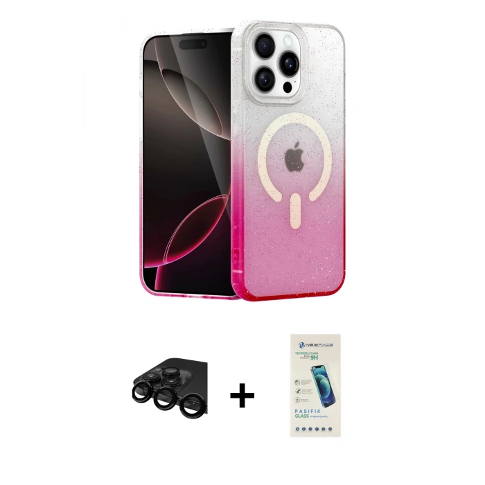 MARSİLYAN™- iPhone 15 Pro Kılıf Eksen Minimal Özel Seri - Şeffaf Pasifik Cam Ekran Koruyucu + Raze Metal Kamera Lens - SH