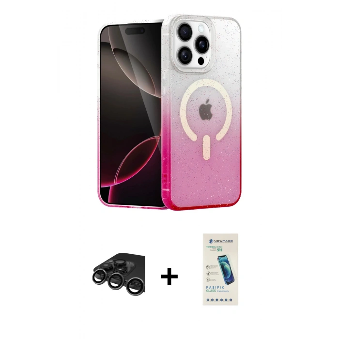 MARSİLYAN™- iPhone 15 Pro Kılıf Eksen Minimal Özel Seri - Şeffaf Pasifik Cam Ekran Koruyucu + Raze Metal Kamera Lens - TMGI