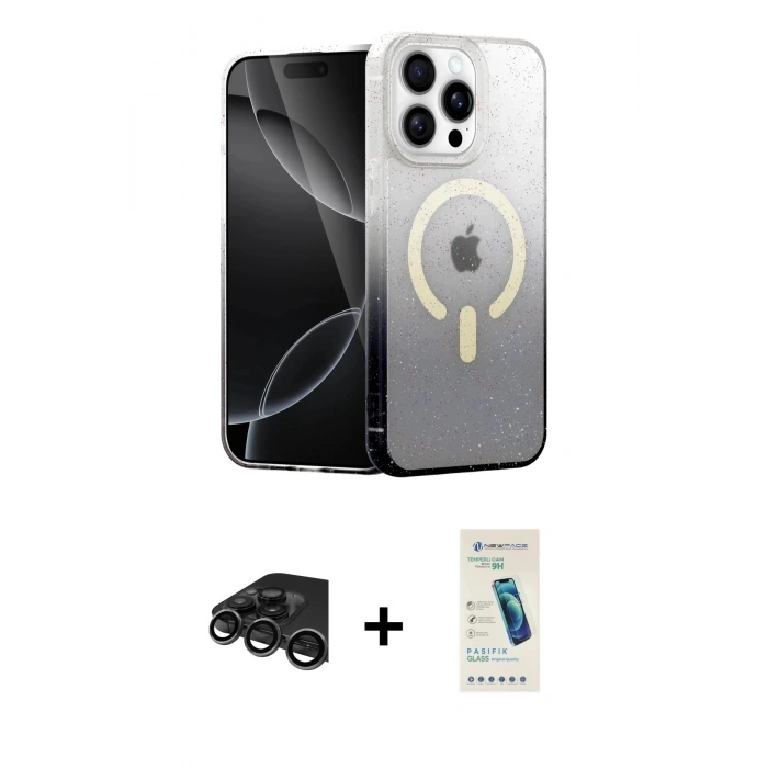 MARSİLYAN™- iPhone 15 Pro Kılıf Eksen Minimal Özel Seri - Şeffaf Pasifik Cam Ekran Koruyucu + Raze Metal Kamera Lens - TMGI