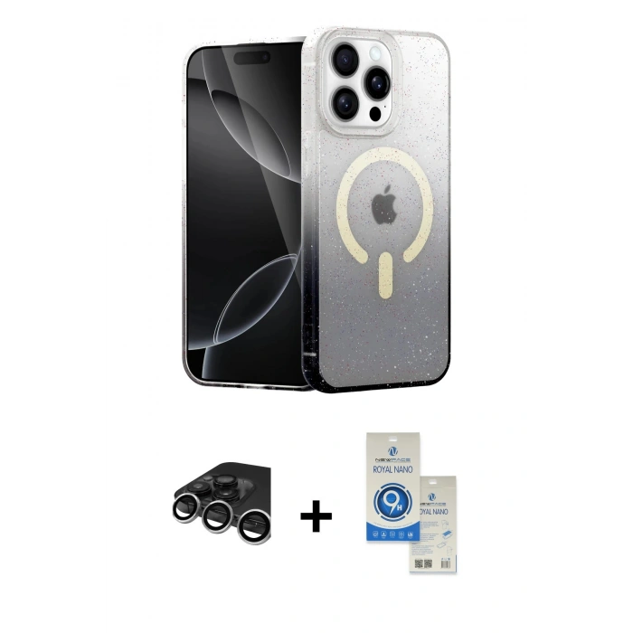 MARSİLYAN™- iPhone 15 Pro Kılıf Eksen Minimal Özel Seri - Şeffaf Royal Nano Ekran Koruyucu + Raze Metal Kamera Lens - GS