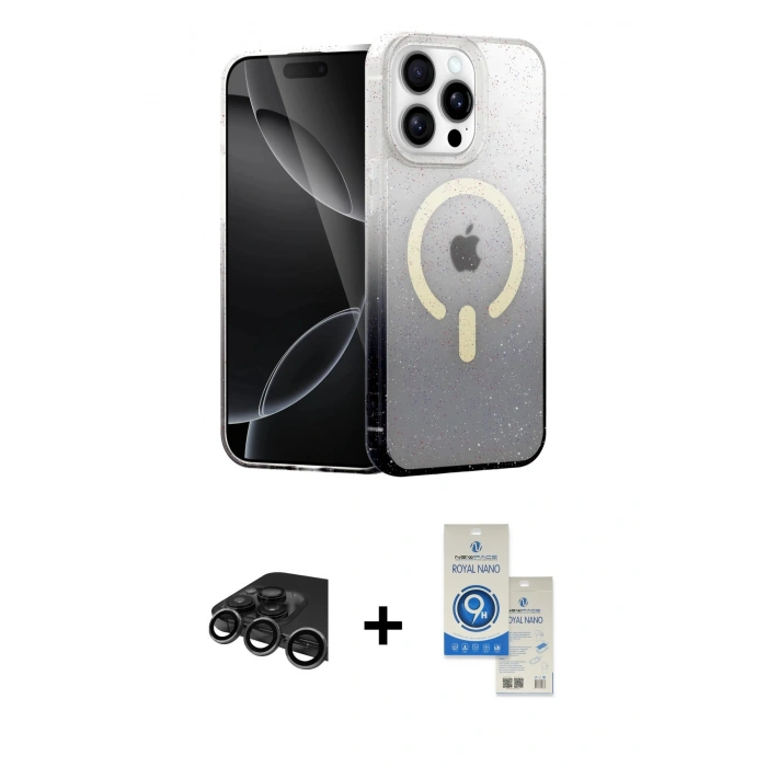 MARSİLYAN™- iPhone 15 Pro Kılıf Eksen Minimal Özel Seri - Şeffaf Royal Nano Ekran Koruyucu + Raze Metal Kamera Lens - TMGI