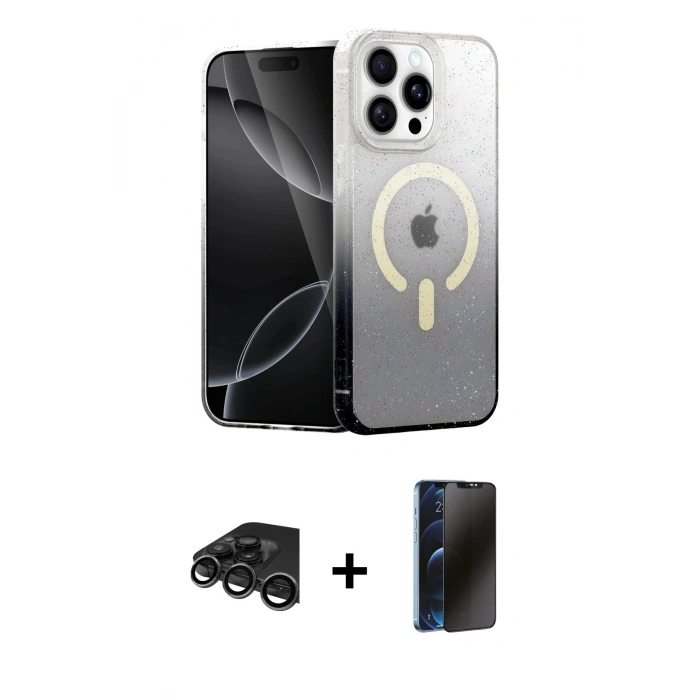 MARSİLYAN™- iPhone 15 Pro Kılıf Eksen Minimal Özel Seri - Siyah 3D Antistatik Hayalet Cam Ekran Koruyucu + Titanyum Gri Raze Metal Kamera Lens