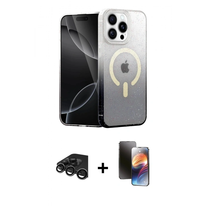 MARSİLYAN™- iPhone 15 Pro Kılıf Eksen Minimal Özel Seri - Siyah 3D Antistatik Mat Seramik Nano Ekran Koruyucu + Raze Metal Kamera Lens - TMGI