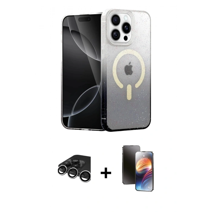 MARSİLYAN™- iPhone 15 Pro Kılıf Eksen Minimal Özel Seri - Siyah 3D Antistatik Mat Seramik Nano Ekran Koruyucu + Raze Metal Kamera Lens - GS