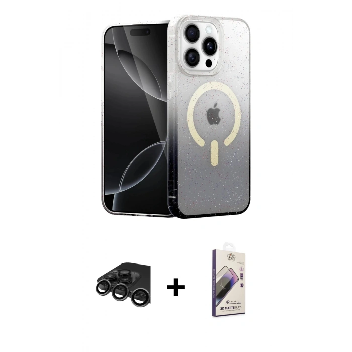 MARSİLYAN™- iPhone 15 Pro Kılıf Eksen Minimal Özel Seri - Siyah Bilvis 3D Mat Cam Ekran Koruyucu + Raze Metal Kamera Lens - TMGI