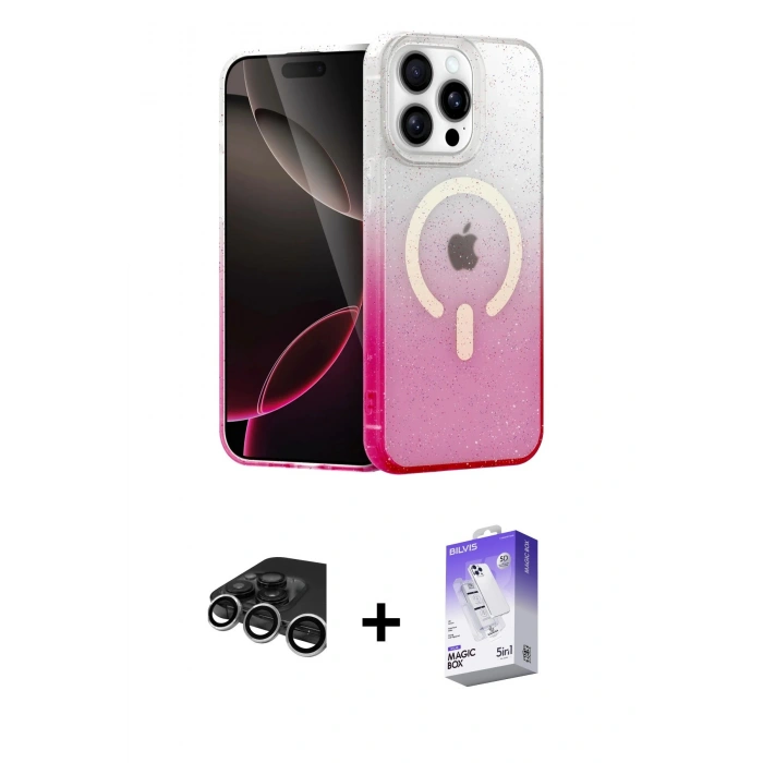 MARSİLYAN™- iPhone 15 Pro Kılıf Eksen Minimal Özel Seri - Siyah Bilvis 5in1 3D Magic Cam Ekran Koruyucu + Gümüş Raze Metal Kamera Lens