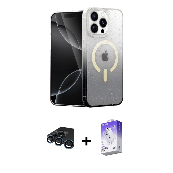 MARSİLYAN™- iPhone 15 Pro Kılıf Eksen Minimal Özel Seri - Siyah Bilvis 5in1 3D Magic Cam Ekran Koruyucu + Raze Metal Kamera Lens - LT