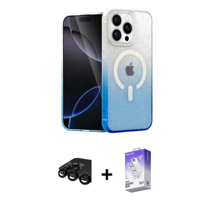 MARSİLYAN™- iPhone 15 Pro Kılıf Eksen Minimal Özel Seri - Siyah Bilvis 5in1 3D Magic Cam Ekran Koruyucu + Raze Metal Kamera Lens - SH