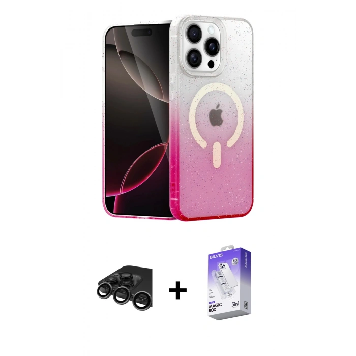 MARSİLYAN™- iPhone 15 Pro Kılıf Eksen Minimal Özel Seri - Siyah Bilvis 5in1 3D Magic Cam Ekran Koruyucu + Raze Metal Kamera Lens - TMGI