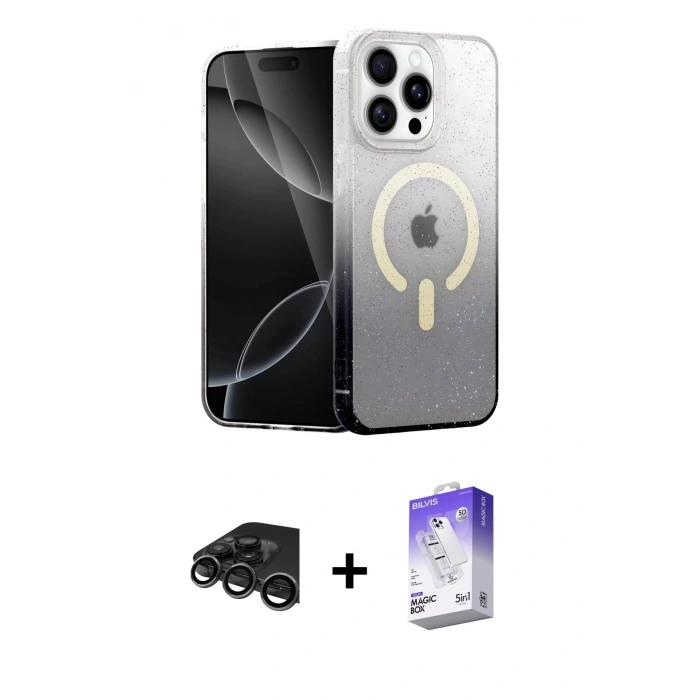 MARSİLYAN™- iPhone 15 Pro Kılıf Eksen Minimal Özel Seri - Siyah Bilvis 5in1 3D Magic Cam Ekran Koruyucu + Raze Metal Kamera Lens - TMGI