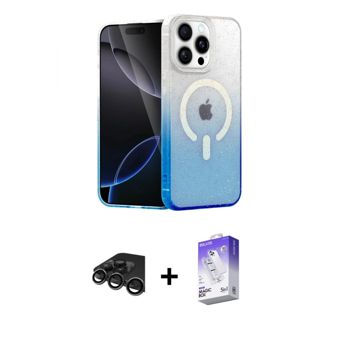 MARSİLYAN™- iPhone 15 Pro Kılıf Eksen Minimal Özel Seri - Siyah Bilvis 5in1 3D Magic Cam Ekran Koruyucu + Raze Metal Kamera Lens - TMGI