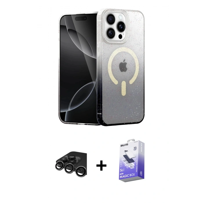 MARSİLYAN™- iPhone 15 Pro Kılıf Eksen Minimal Özel Seri - Siyah Bilvis 5in1 5D Magic Hayalet Cam Ekran Koruyucu + Titanyum Gri Raze Metal Kamera Lens