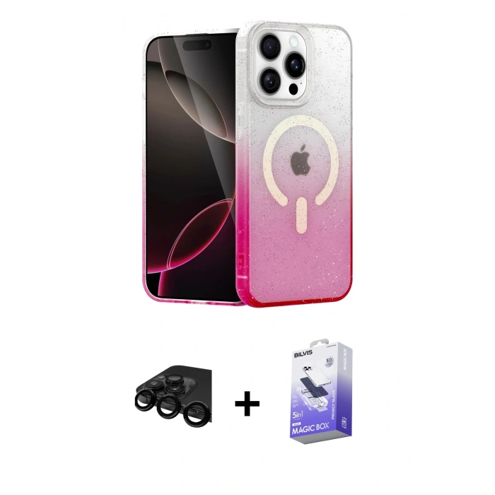 MARSİLYAN™- iPhone 15 Pro Kılıf Eksen Minimal Özel Seri - Siyah Bilvis 5in1 5D Magic Hayalet Cam Ekran Koruyucu + Raze Metal Kamera Lens - SH