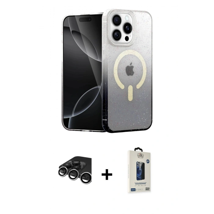 MARSİLYAN™- iPhone 15 Pro Kılıf Eksen Minimal Özel Seri - Siyah Bilvis Hayalet Cam Ekran Koruyucu + Gümüş Raze Metal Kamera Lens