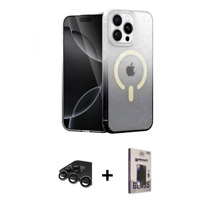 MARSİLYAN™- iPhone 15 Pro Kılıf Eksen Minimal Özel Seri - Siyah Bilvis Hayalet Cam Ekran Koruyucu + Raze Metal Kamera Lens - TMGI