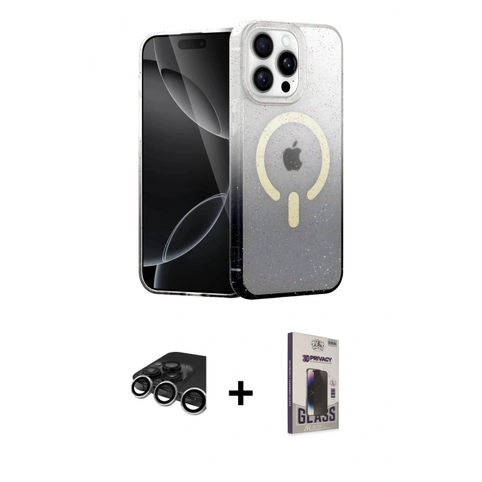 MARSİLYAN™- iPhone 15 Pro Kılıf Eksen Minimal Özel Seri - Siyah Bilvis Hayalet Cam Ekran Koruyucu + Raze Metal Kamera Lens - GS