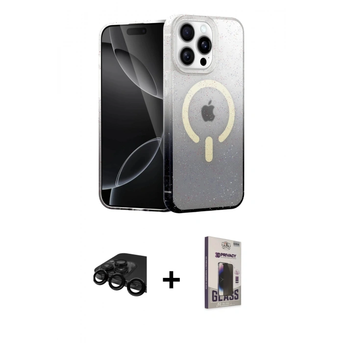 MARSİLYAN™- iPhone 15 Pro Kılıf Eksen Minimal Özel Seri - Siyah Bilvis Hayalet Cam Ekran Koruyucu + Raze Metal Kamera Lens - SH