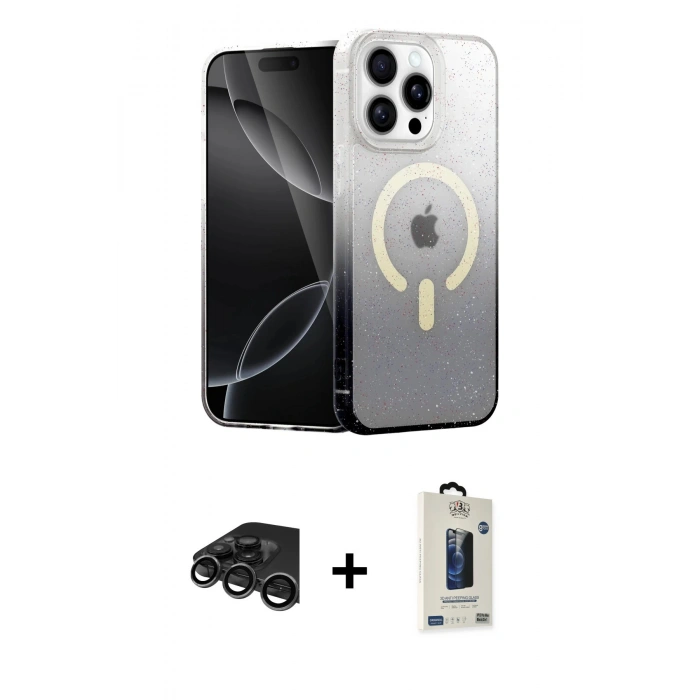 MARSİLYAN™- iPhone 15 Pro Kılıf Eksen Minimal Özel Seri - Siyah Bilvis Hayalet Cam Ekran Koruyucu + Raze Metal Kamera Lens - TMGI