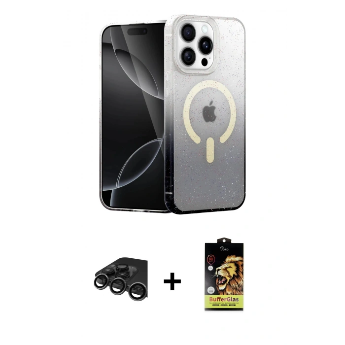 MARSİLYAN™- iPhone 15 Pro Kılıf Eksen Minimal Özel Seri - Siyah Buffer Cam Ekran Koruyucu + Raze Metal Kamera Lens - TMGI