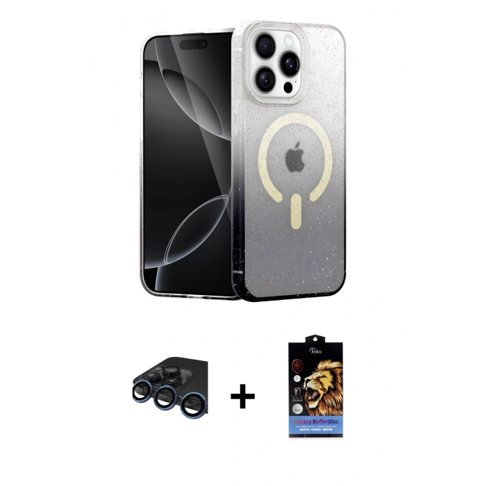 MARSİLYAN™- iPhone 15 Pro Kılıf Eksen Minimal Özel Seri - Siyah Buffer Hayalet Cam Ekran Koruyucu + Raze Metal Kamera Lens - LT