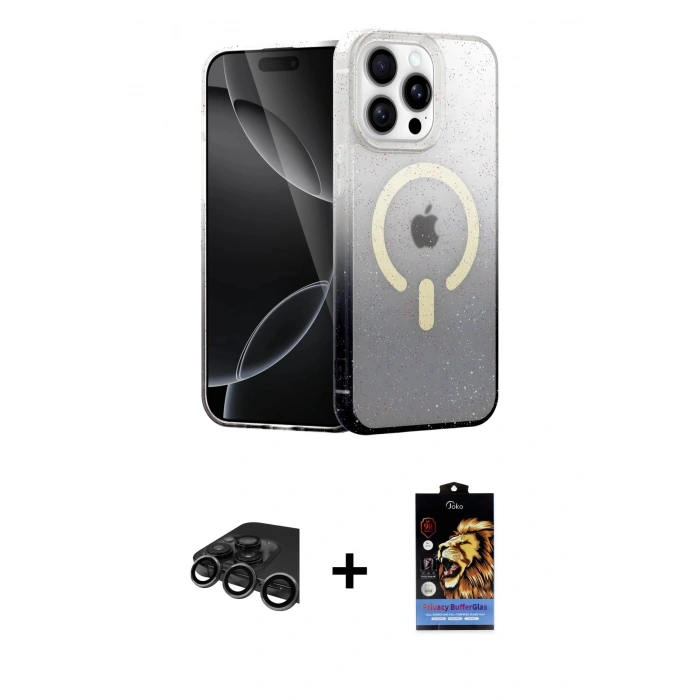 MARSİLYAN™- iPhone 15 Pro Kılıf Eksen Minimal Özel Seri - Siyah Buffer Hayalet Cam Ekran Koruyucu + Raze Metal Kamera Lens - TMGI