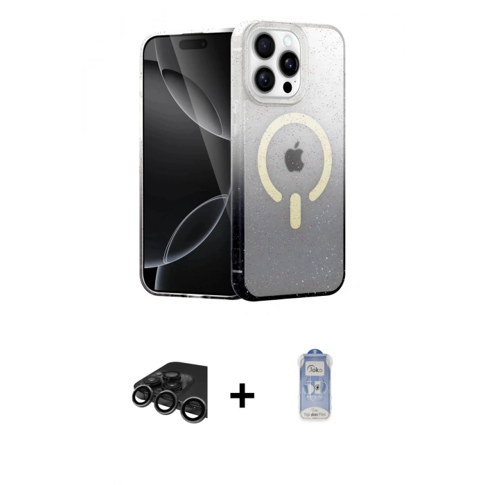 MARSİLYAN™- iPhone 15 Pro Kılıf Eksen Minimal Özel Seri - Siyah Joko Magic 5D Cam + Raze Metal Kamera Lens - TMGI