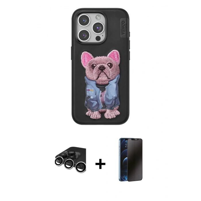 MARSİLYAN™- iPhone 15 Pro Kılıf İz Minimal Koleksiyonu - Siyah 3D Antistatik Hayalet Cam Ekran Koruyucu + Raze Metal Kamera Lens - GS