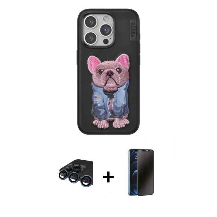 MARSİLYAN™- iPhone 15 Pro Kılıf İz Minimal Koleksiyonu - Siyah 3D Antistatik Hayalet Cam Ekran Koruyucu + Raze Metal Kamera Lens - LT