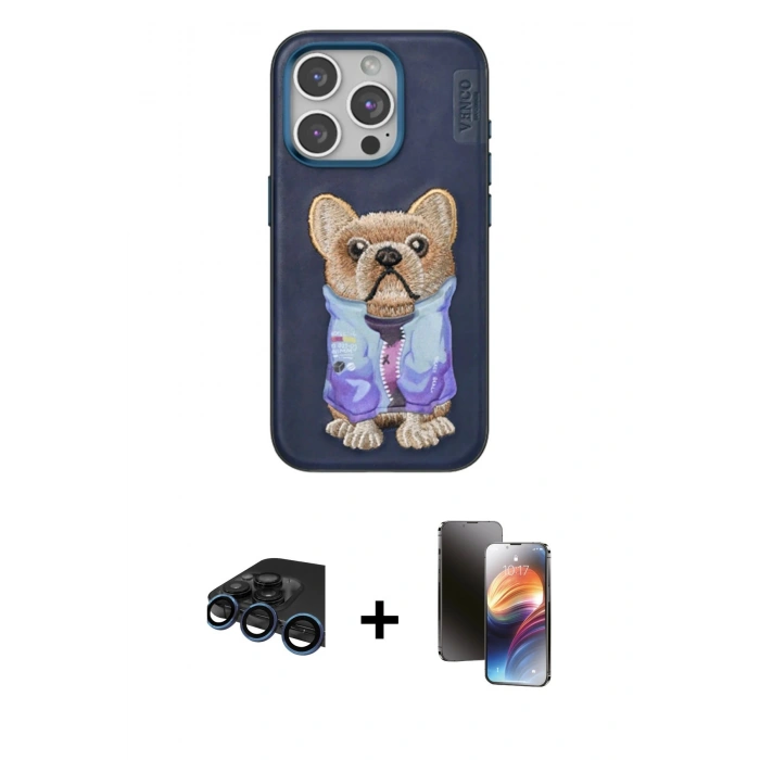 MARSİLYAN™- iPhone 15 Pro Kılıf İz Minimal Koleksiyonu - Siyah 3D Antistatik Mat Seramik Nano Ekran Koruyucu + Lacivert Raze Metal Kamera Lens