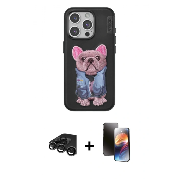 MARSİLYAN™- iPhone 15 Pro Kılıf İz Minimal Koleksiyonu - Siyah 3D Antistatik Mat Seramik Nano Ekran Koruyucu + Raze Metal Kamera Lens - TMGI