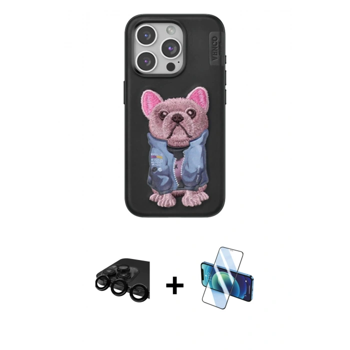 MARSİLYAN™- iPhone 15 Pro Kılıf İz Minimal Koleksiyonu - Siyah 3D Antistatik Seramik Nano Ekran Koruyucu + Raze Metal Kamera Lens - SH